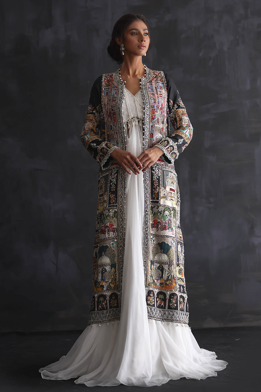 Pakistani Black Zardozi Silk Mughal Art Jacket Set (3-Piece) - Image 1