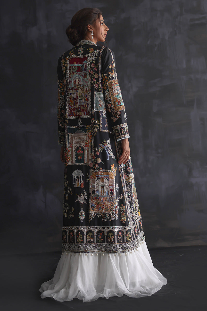 Pakistani Black Zardozi Silk Mughal Art Jacket Set (3-Piece) - Image 2