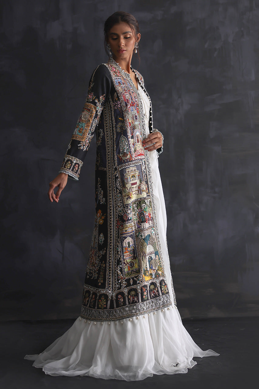 Pakistani Black Zardozi Silk Mughal Art Jacket Set (3-Piece) - Image 3