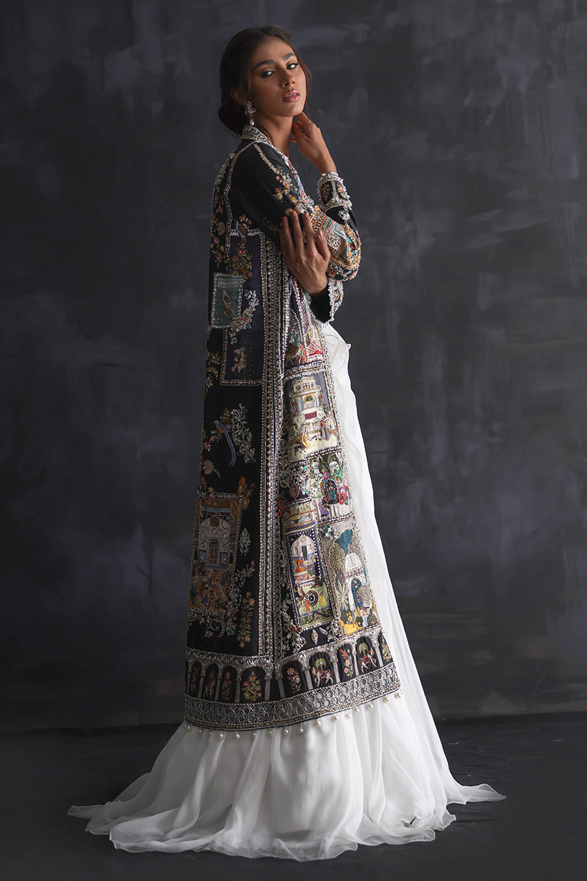 Pakistani Black Zardozi Silk Mughal Art Jacket Set (3-Piece) - Image 4