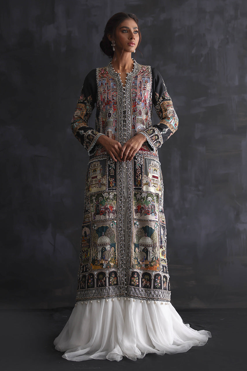 Pakistani Black Zardozi Silk Mughal Art Jacket Set (3-Piece) - Image 5
