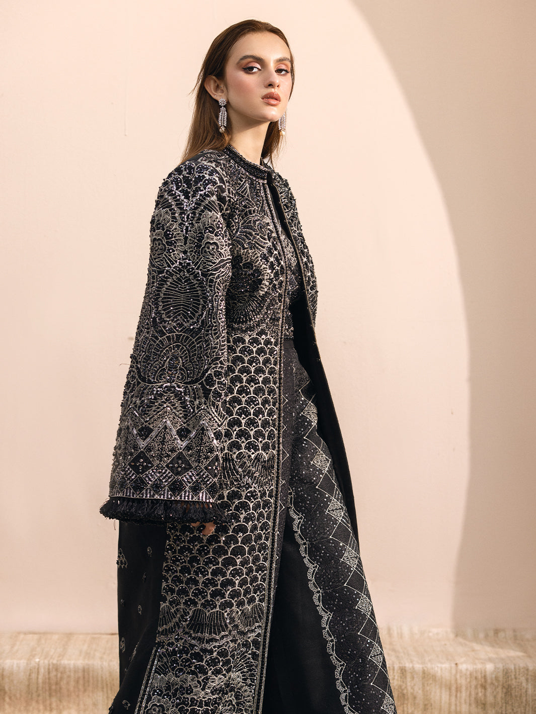 Pakistani Black Hand-Embellished Net Long Jacket (2-Piece) - Image 1