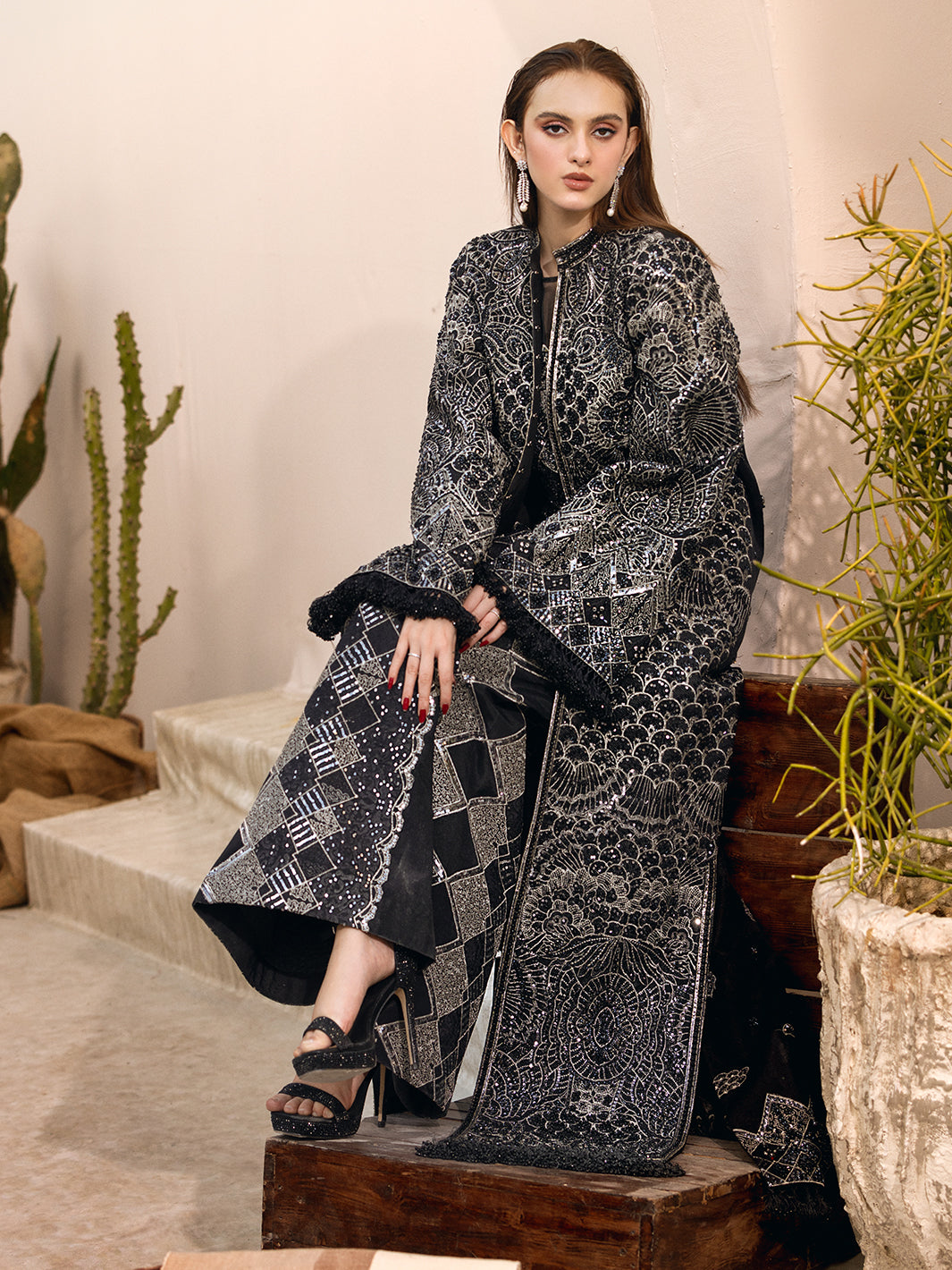 Pakistani Black Hand-Embellished Net Long Jacket (2-Piece) - Image 11