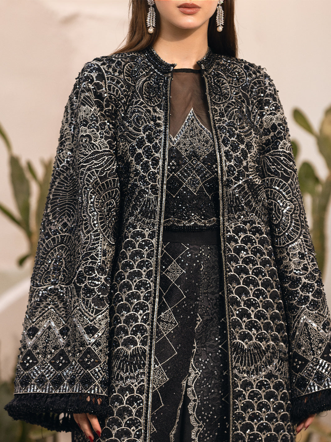 Pakistani Black Hand-Embellished Net Long Jacket (2-Piece) - Image 12