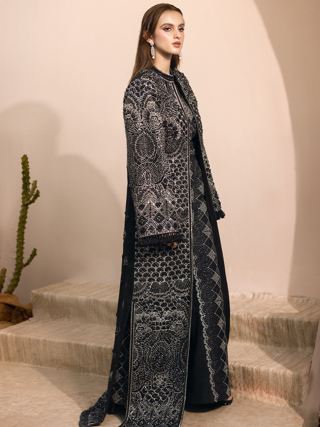 Pakistani Black Hand-Embellished Net Long Jacket (2-Piece) - Image 13
