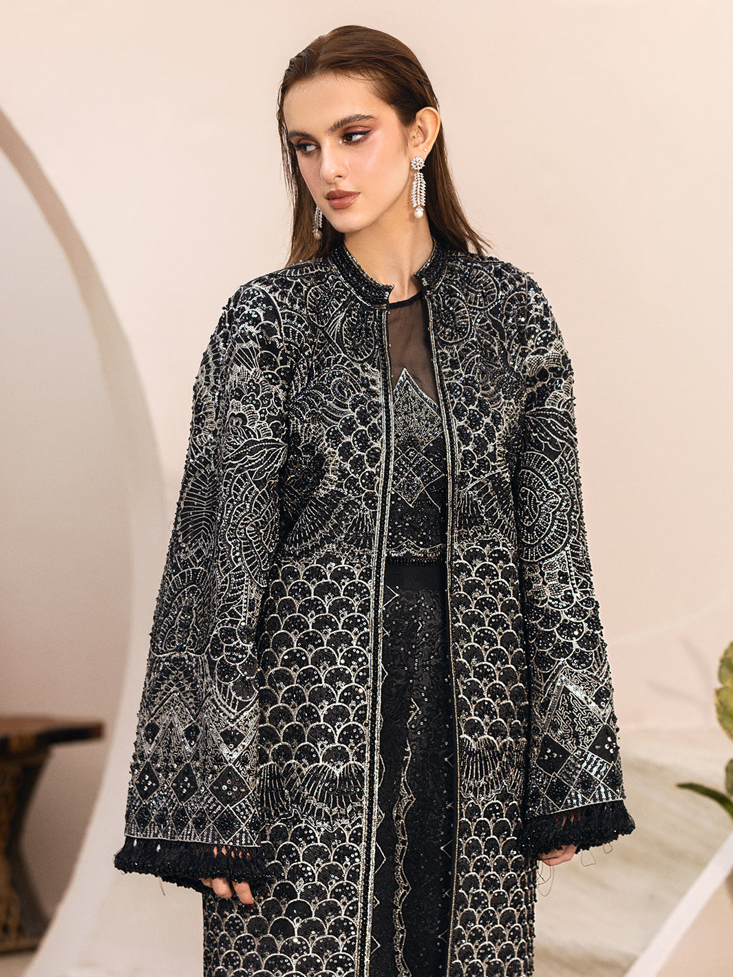 Pakistani Black Hand-Embellished Net Long Jacket (2-Piece) - Image 3