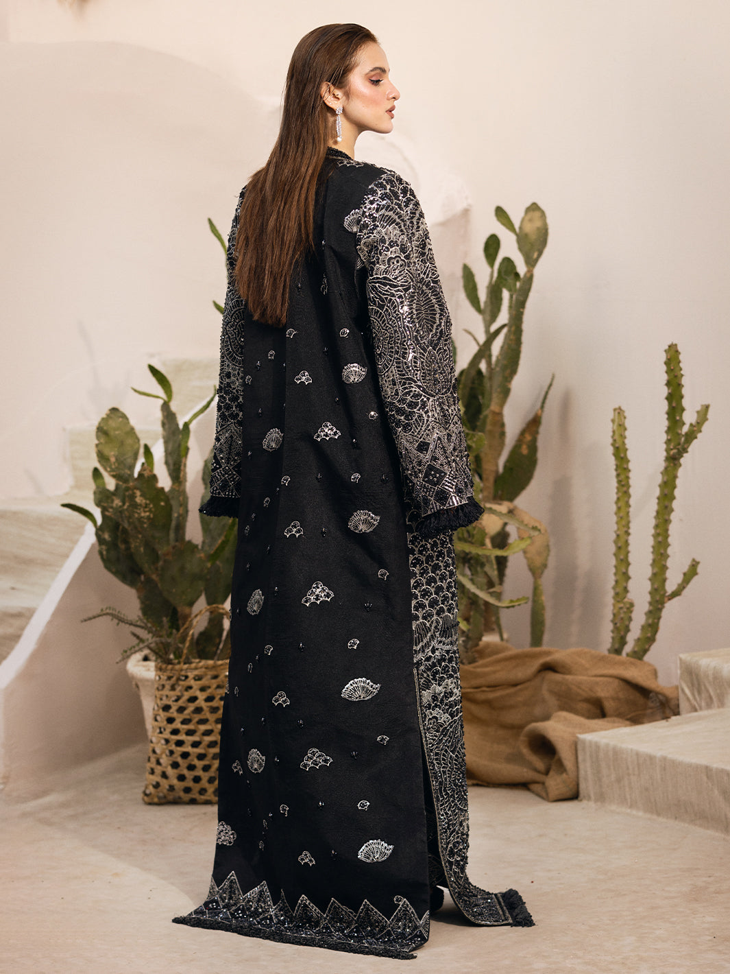 Pakistani Black Hand-Embellished Net Long Jacket (2-Piece) - Image 4