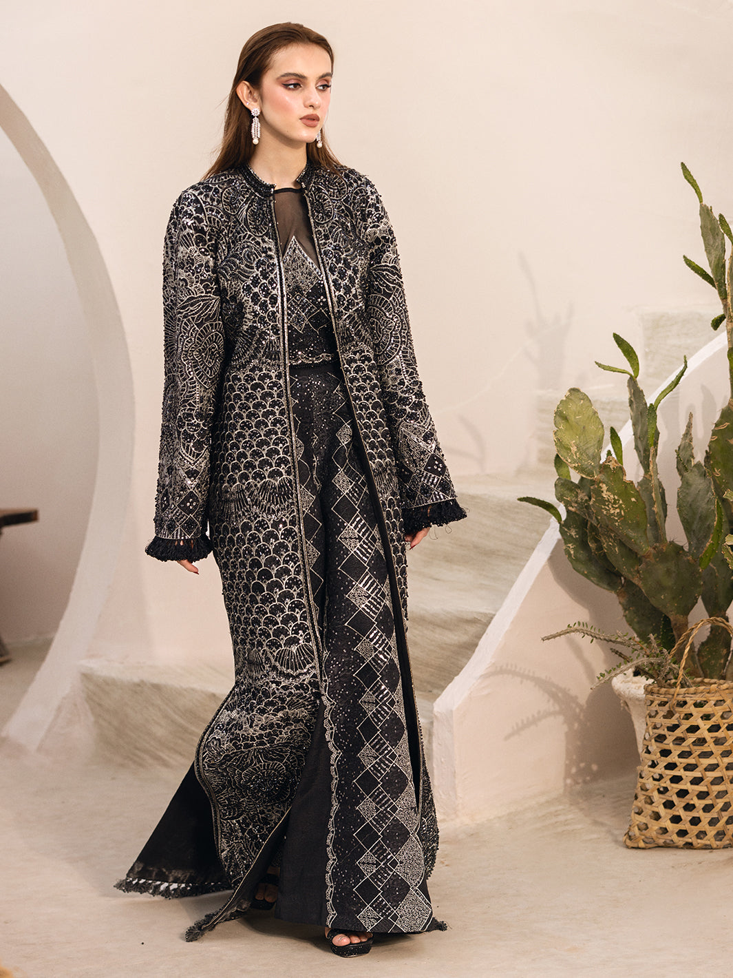 Pakistani Black Hand-Embellished Net Long Jacket (2-Piece) - Image 5