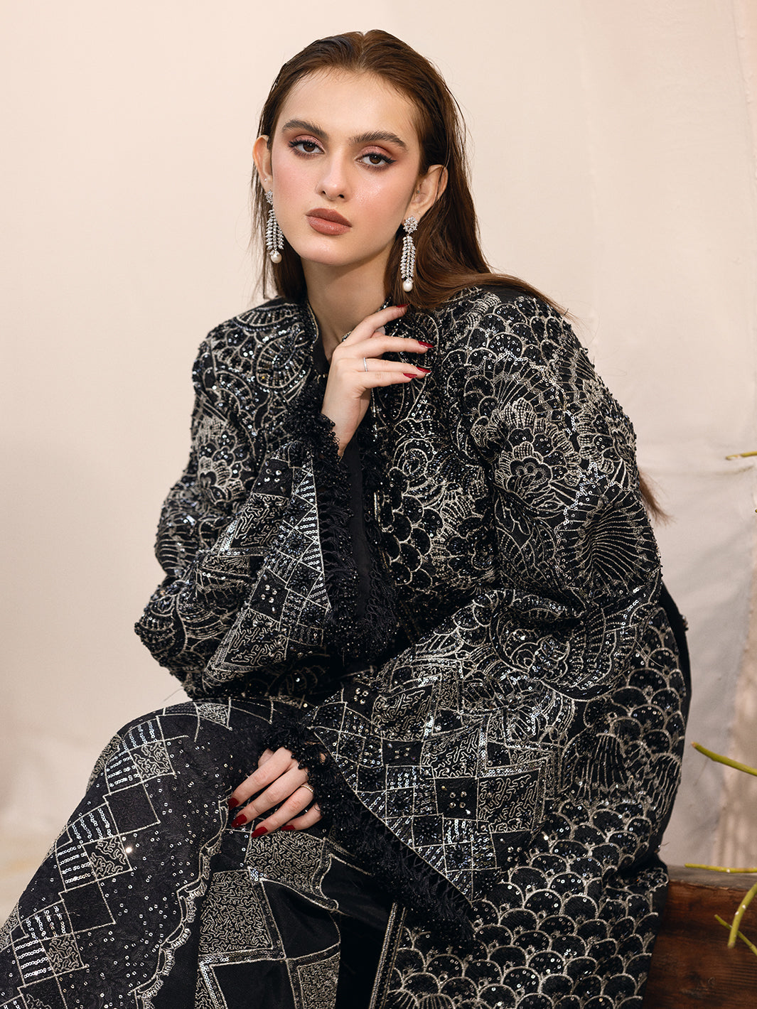 Pakistani Black Hand-Embellished Net Long Jacket (2-Piece) - Image 6