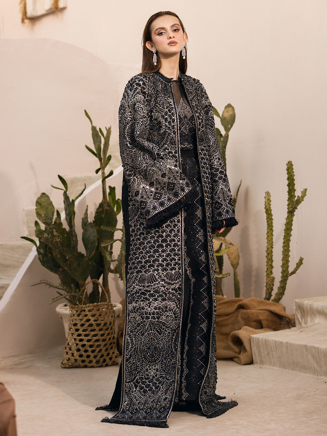 Pakistani Black Hand-Embellished Net Long Jacket (2-Piece) - Image 7