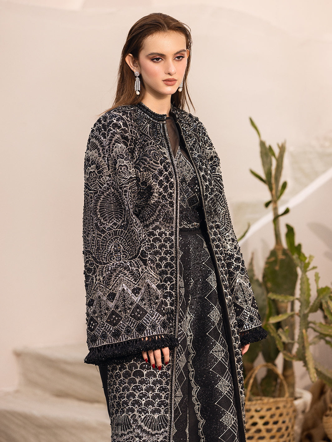 Pakistani Black Hand-Embellished Net Long Jacket (2-Piece) - Image 8
