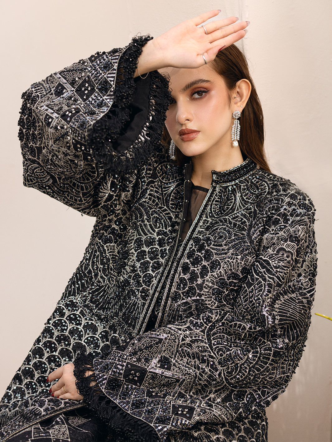 Pakistani Black Hand-Embellished Net Long Jacket (2-Piece) - Image 9