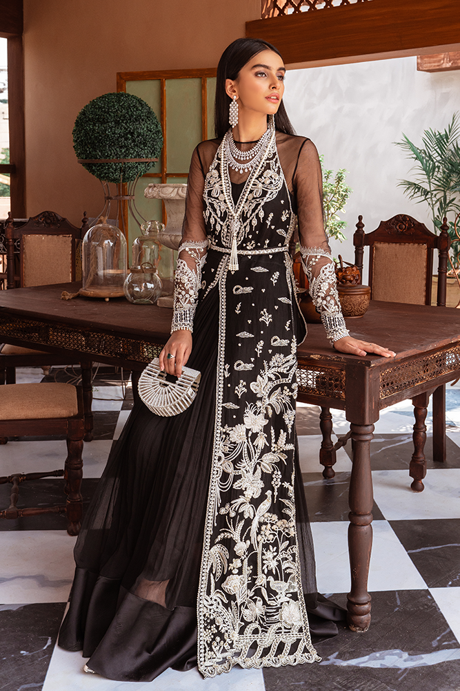 Pakistani Black Embroidered Net Jacket Chiffon Dress (3-Piece) - Image 1