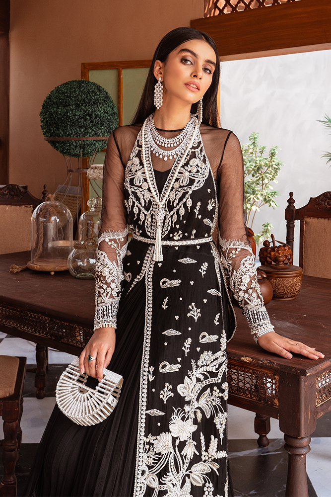 Pakistani Black Embroidered Net Jacket Chiffon Dress (3-Piece) - Image 3