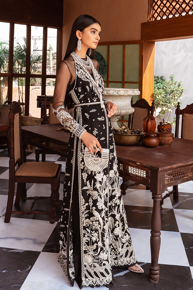 Pakistani Black Embroidered Net Jacket Chiffon Dress (3-Piece) - Image 4