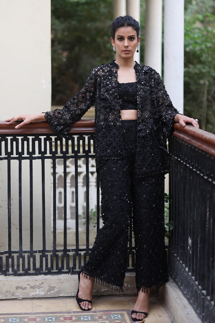 Pakistani Black 3D Embroidered Organza Jacket Set (3-Piece) - Image 1