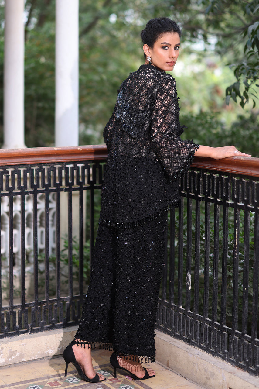 Pakistani Black 3D Embroidered Organza Jacket Set (3-Piece) - Image 2