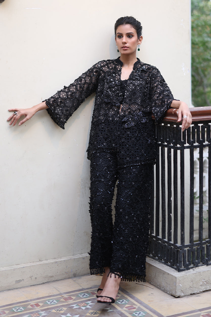 Pakistani Black 3D Embroidered Organza Jacket Set (3-Piece) - Image 4