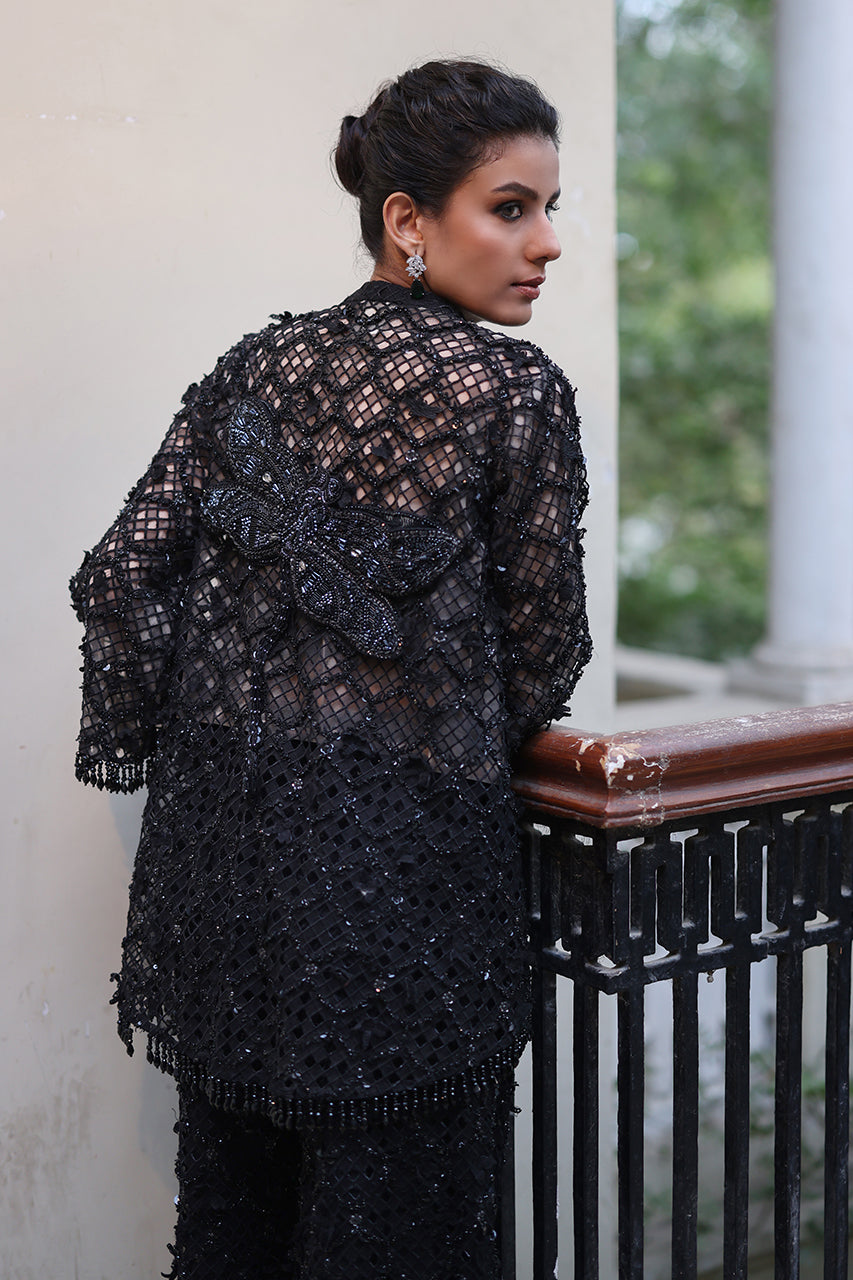 Pakistani Black 3D Embroidered Organza Jacket Set (3-Piece) - Image 5