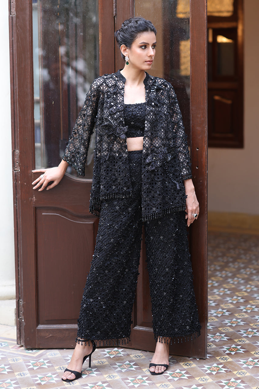 Pakistani Black 3D Embroidered Organza Jacket Set (3-Piece) - Image 6