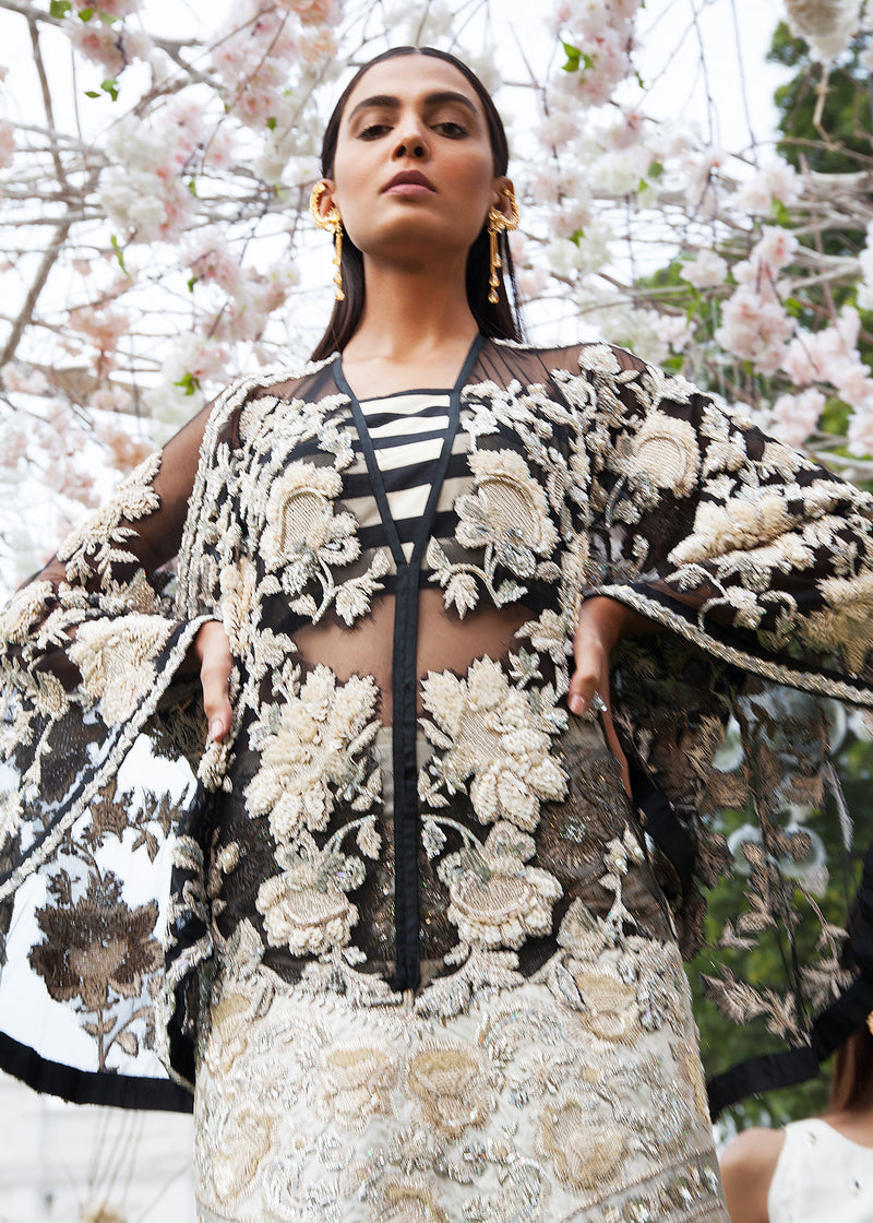 Pakistani Black Embroidered Organza Jacket with Jamawar Shirt (3-Piece) - Image 2