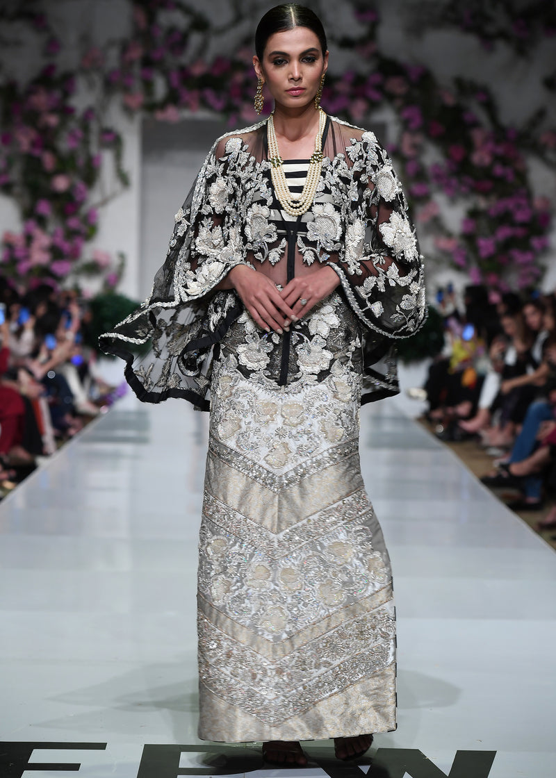 Pakistani Black Embroidered Organza Jacket with Jamawar Shirt (3-Piece) - Image 3