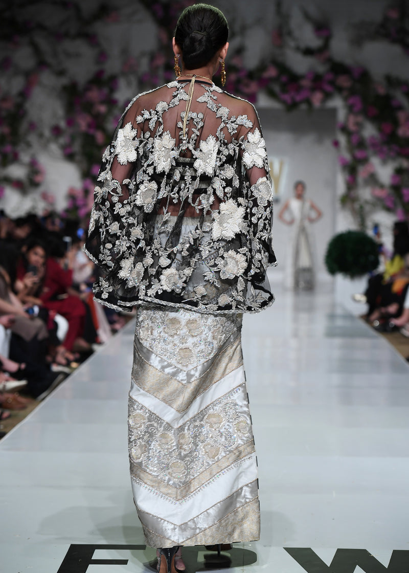 Pakistani Black Embroidered Organza Jacket with Jamawar Shirt (3-Piece) - Image 4