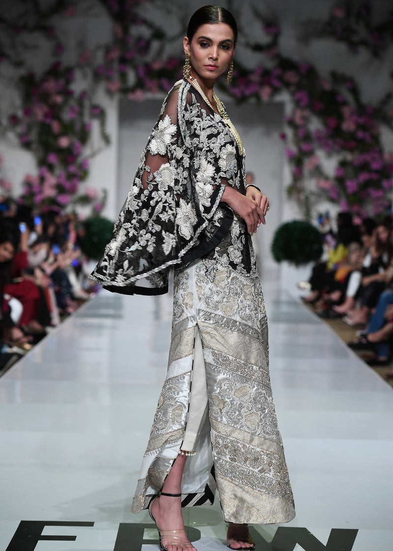 Pakistani Black Embroidered Organza Jacket with Jamawar Shirt (3-Piece) - Image 5