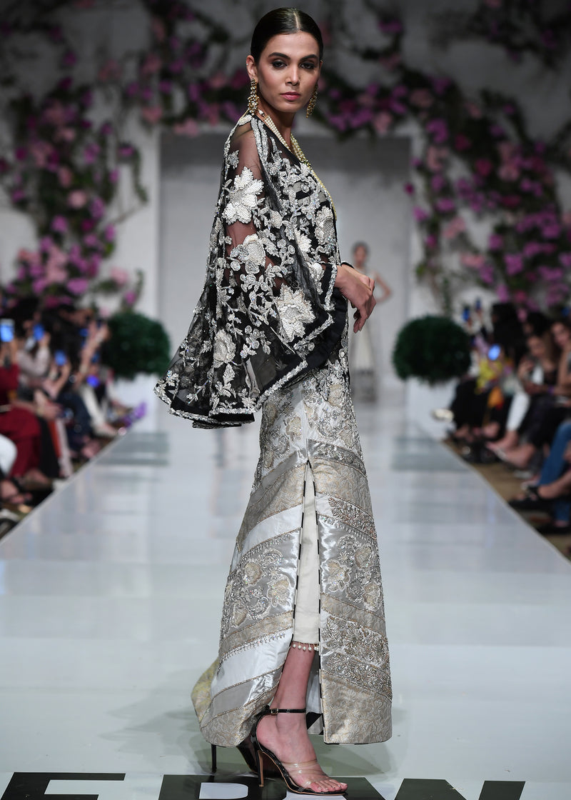 Pakistani Black Embroidered Organza Jacket with Jamawar Shirt (3-Piece) - Image 6