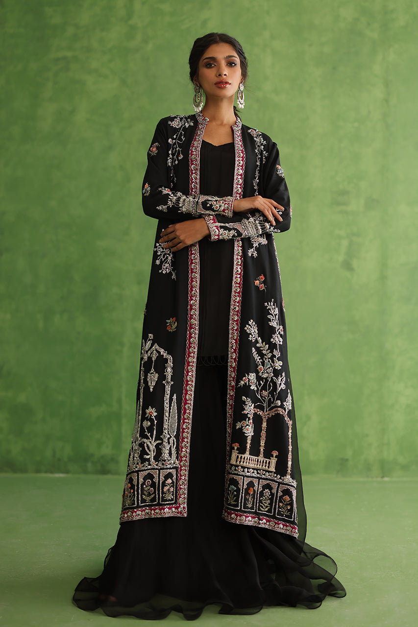 Black Zardozi Embroidered Raw Silk Jacket Set (3-Piece) - Image 1