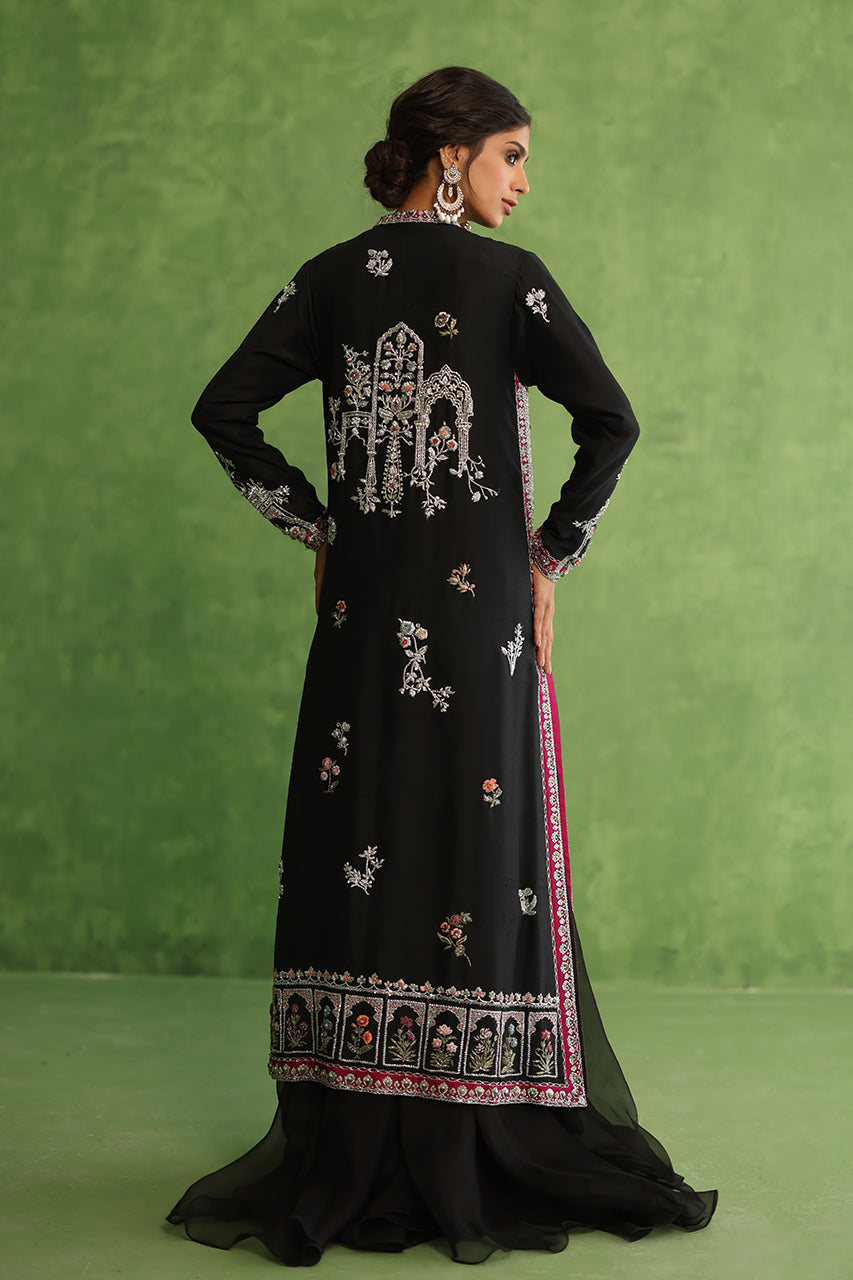Black Zardozi Embroidered Raw Silk Jacket Set (3-Piece) - Image 2