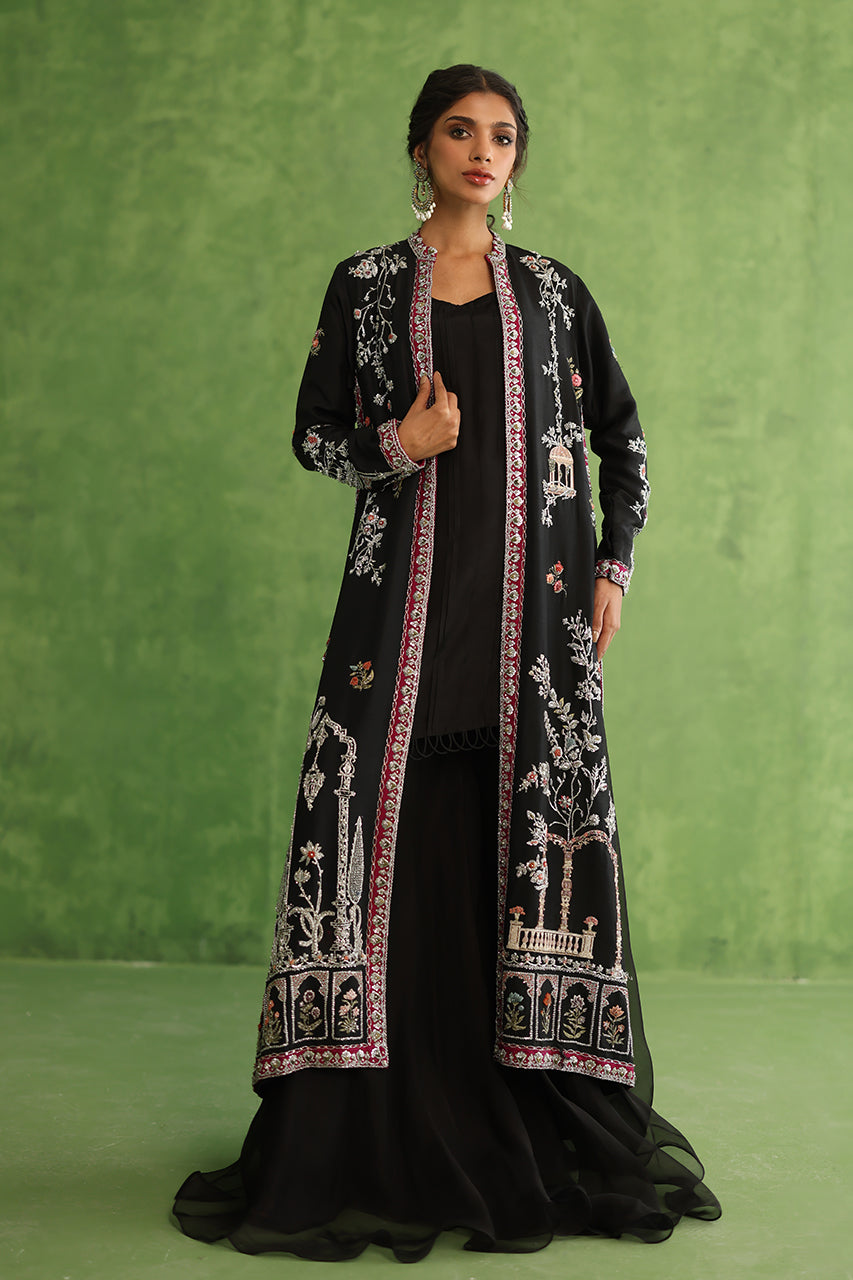 Black Zardozi Embroidered Raw Silk Jacket Set (3-Piece) - Image 3