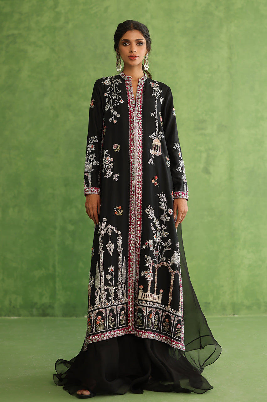 Black Zardozi Embroidered Raw Silk Jacket Set (3-Piece) - Image 4