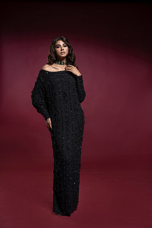 Pakistani Black Zardozi Chiffon Kaftan (1-Pc) - Image 4