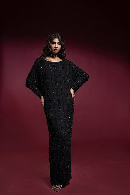 Pakistani Black Zardozi Chiffon Kaftan (1-Pc) - Image 5