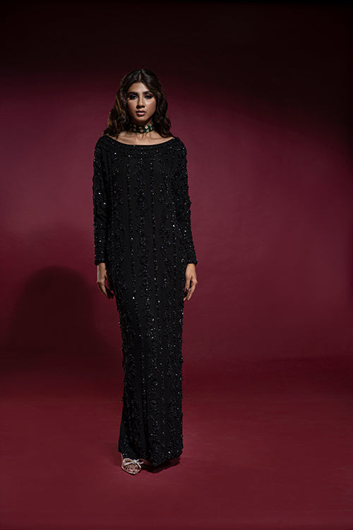 Pakistani Black Zardozi Chiffon Kaftan (1-Pc) - Image 6