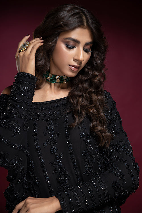 Pakistani Black Zardozi Chiffon Kaftan (1-Pc) - Image 7