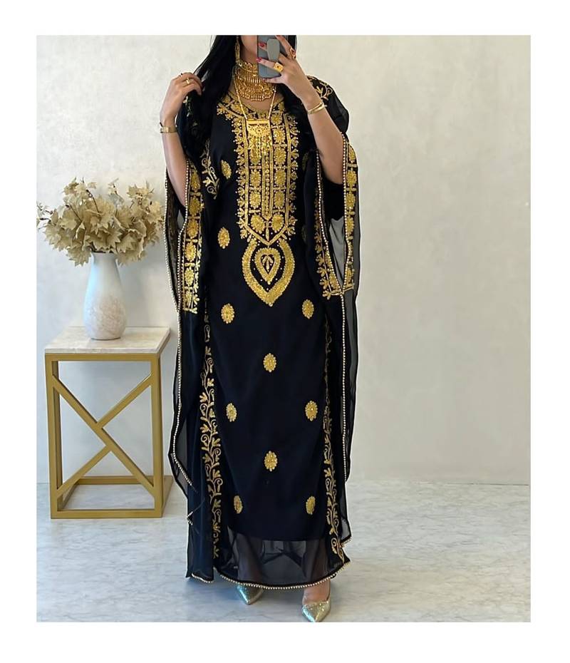 Pakistani Black Hand-Embroidered Georgette Kaftan (1-Pc) - Image 1