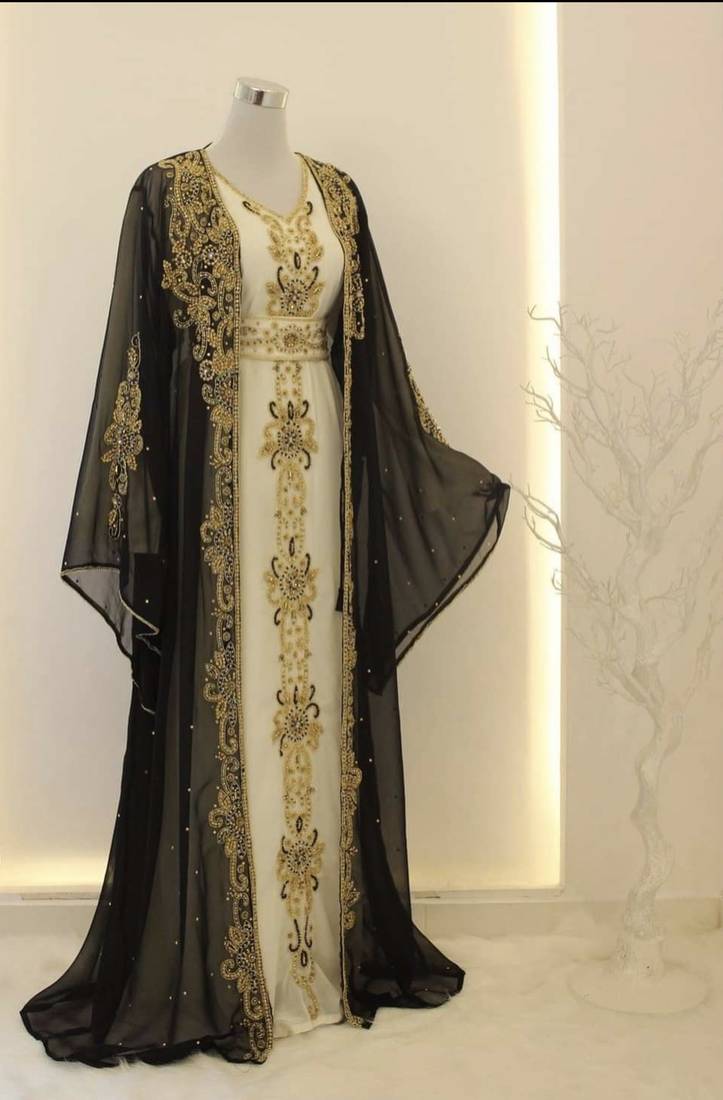 Black & White Zari Embroidered Georgette Kaftan (1-Pc) - Image 1