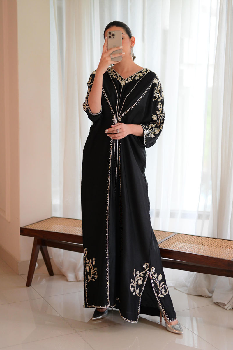 Black Hand-Embellished Pure Raw Silk Kaftan (1-Pc) - Image 1