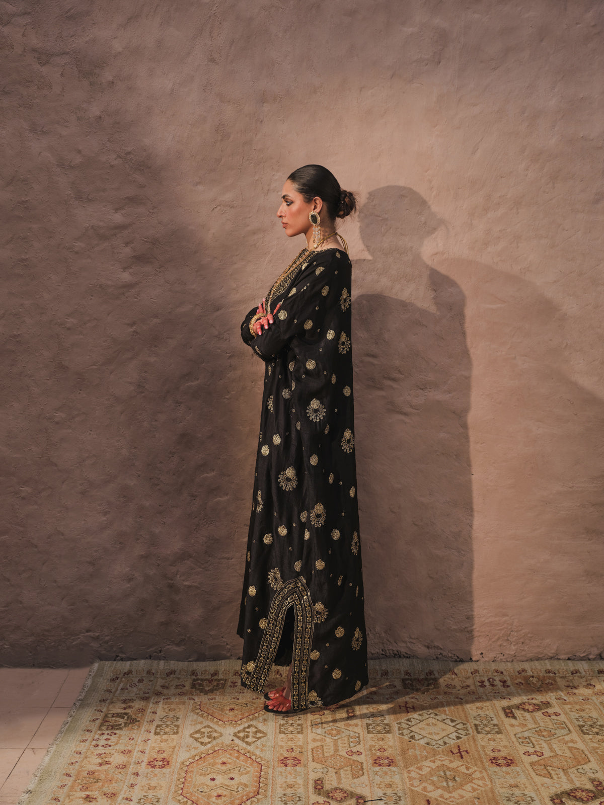 Pakistani Black Hand-Embroidered Silk-Blend Kaftan (1-Pc) - Image 8