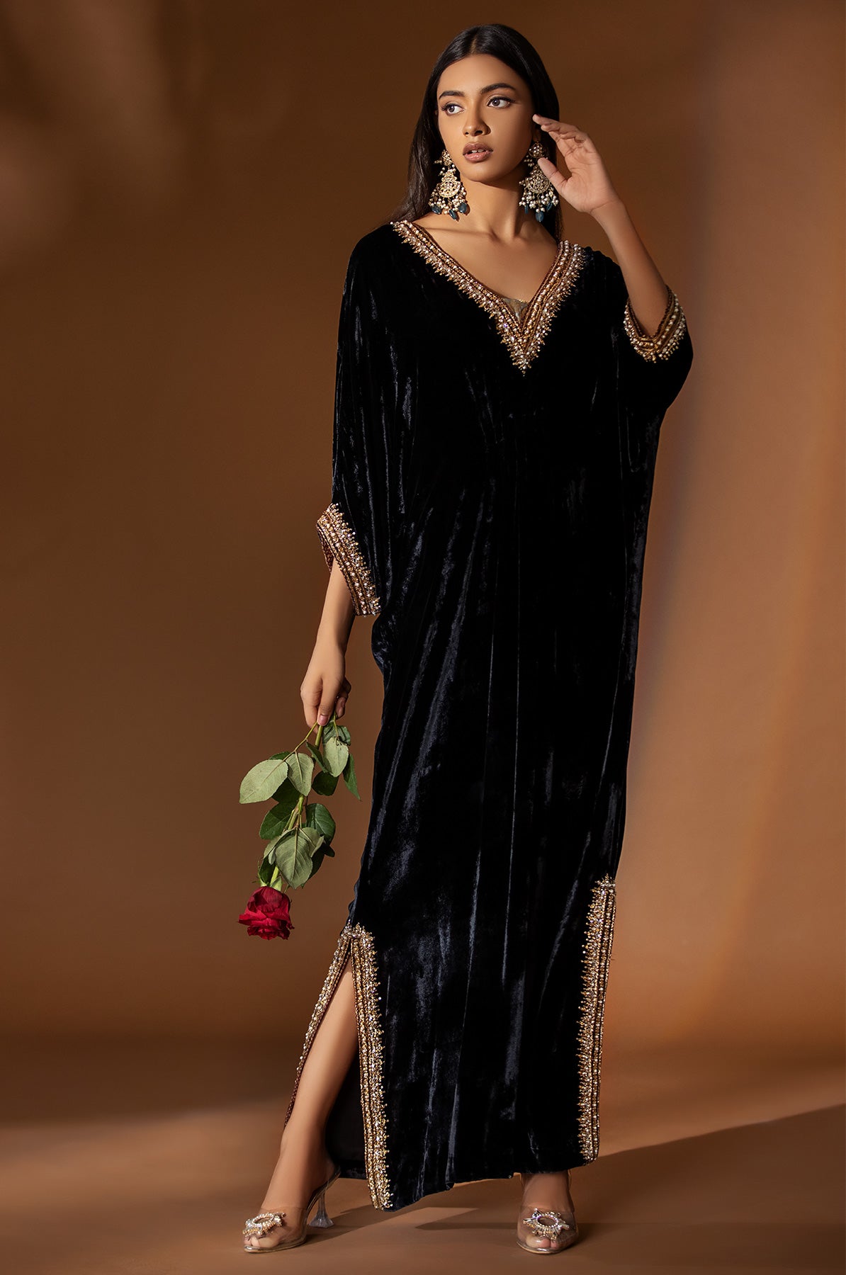 Black Velvet Kaftan with Gold Jamawar (1-Pc) - Image 2