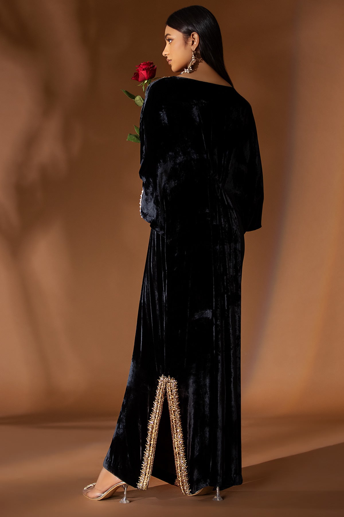 Black Velvet Kaftan with Gold Jamawar (1-Pc) - Image 3