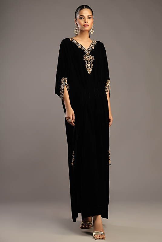Black Hand Embroidered Velvet Kaftan (1-Pc) - Image 4