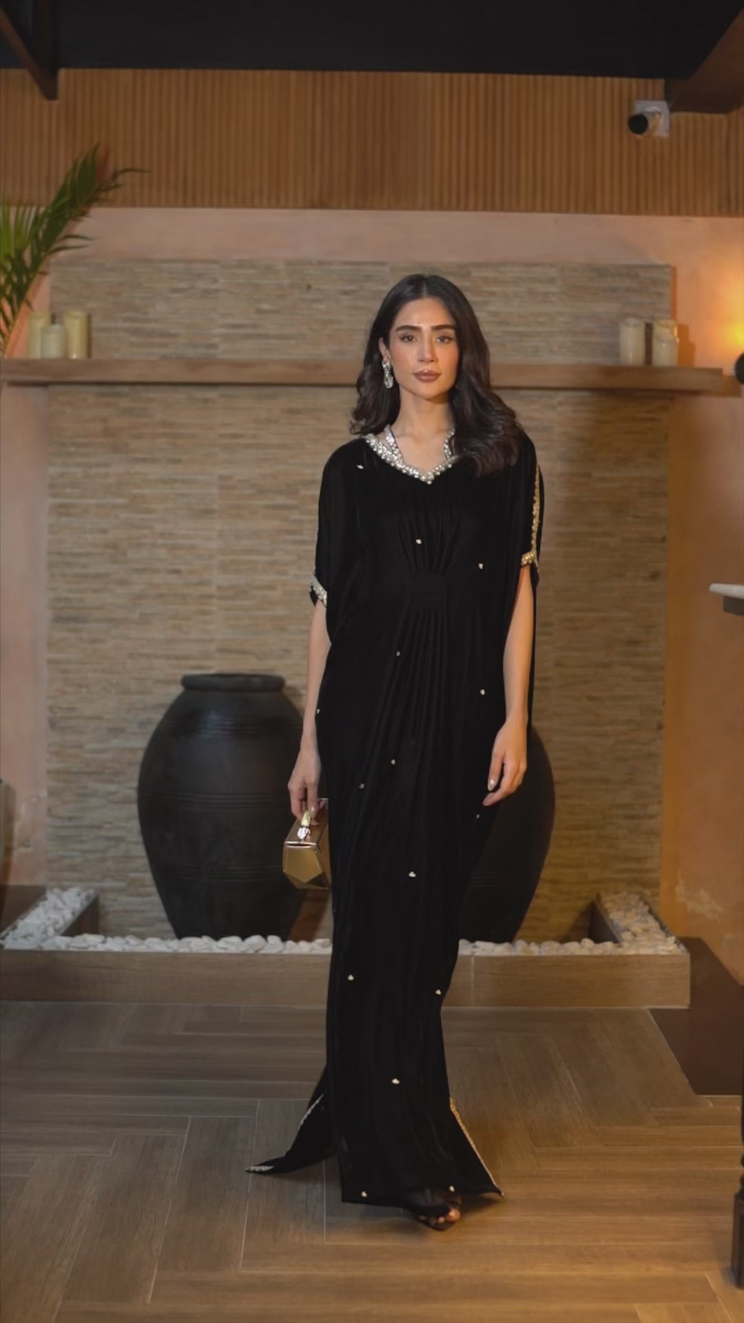 Pakistani Black Embroidered Velvet Kaftan (1-Pc) - Image 6