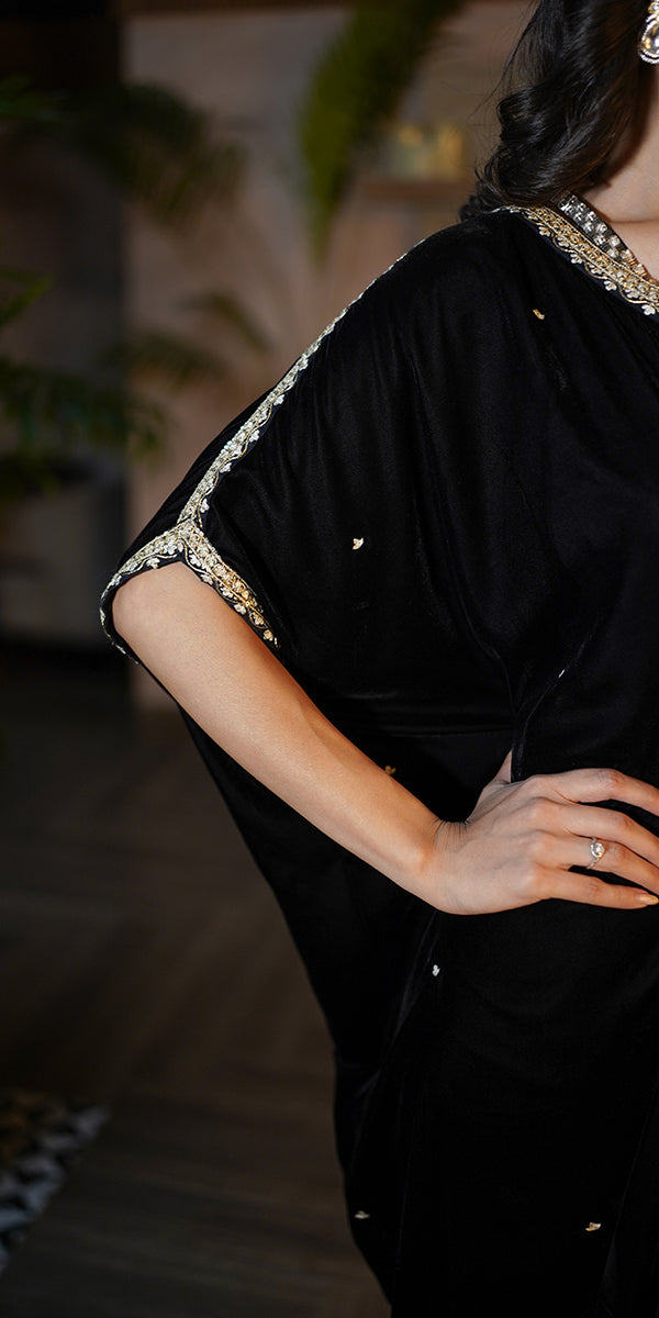 Black Embroidered Velvet Kaftan (1-Pc) - Image 5