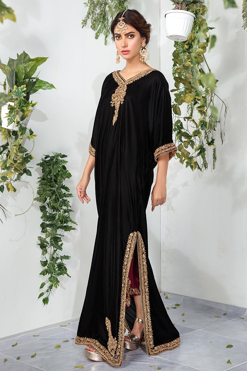 Black Embroidered Velvet Kaftan (1-Pc) - Image 3
