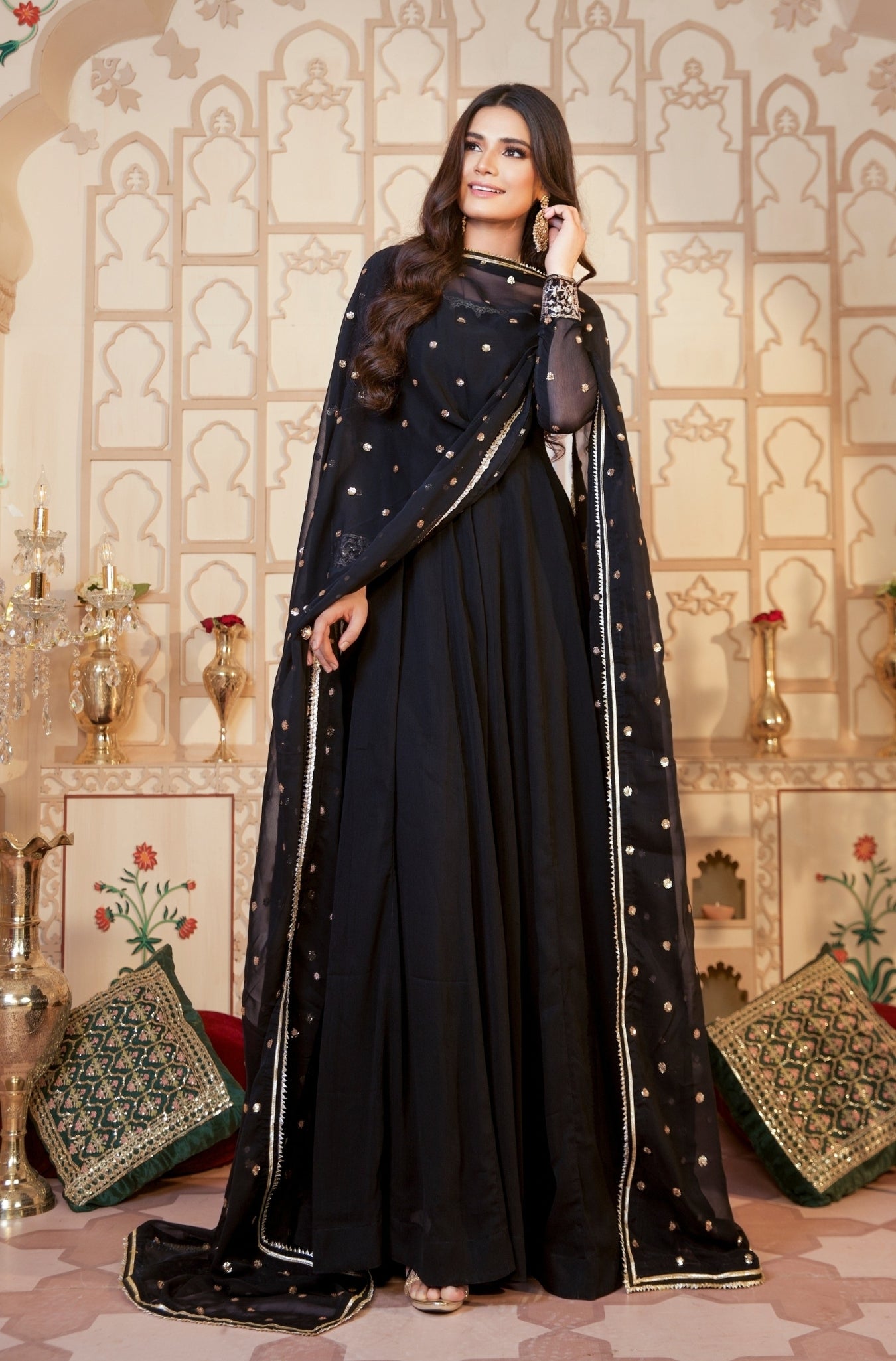 Black Embroidered Chiffon Kalidar Frock (2-Piece) - Image 1