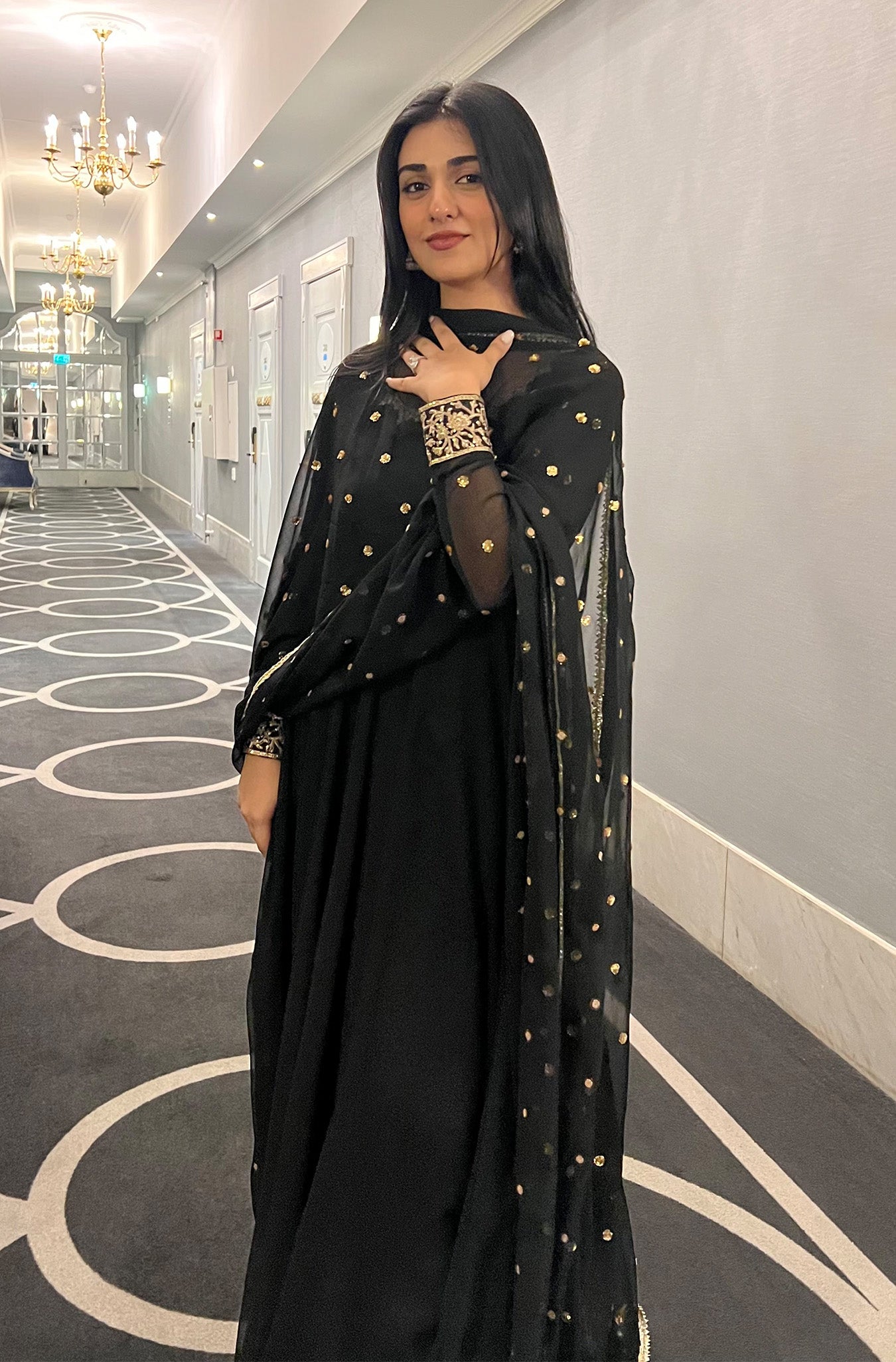 Black Embroidered Chiffon Kalidar Frock (2-Piece) - Image 2