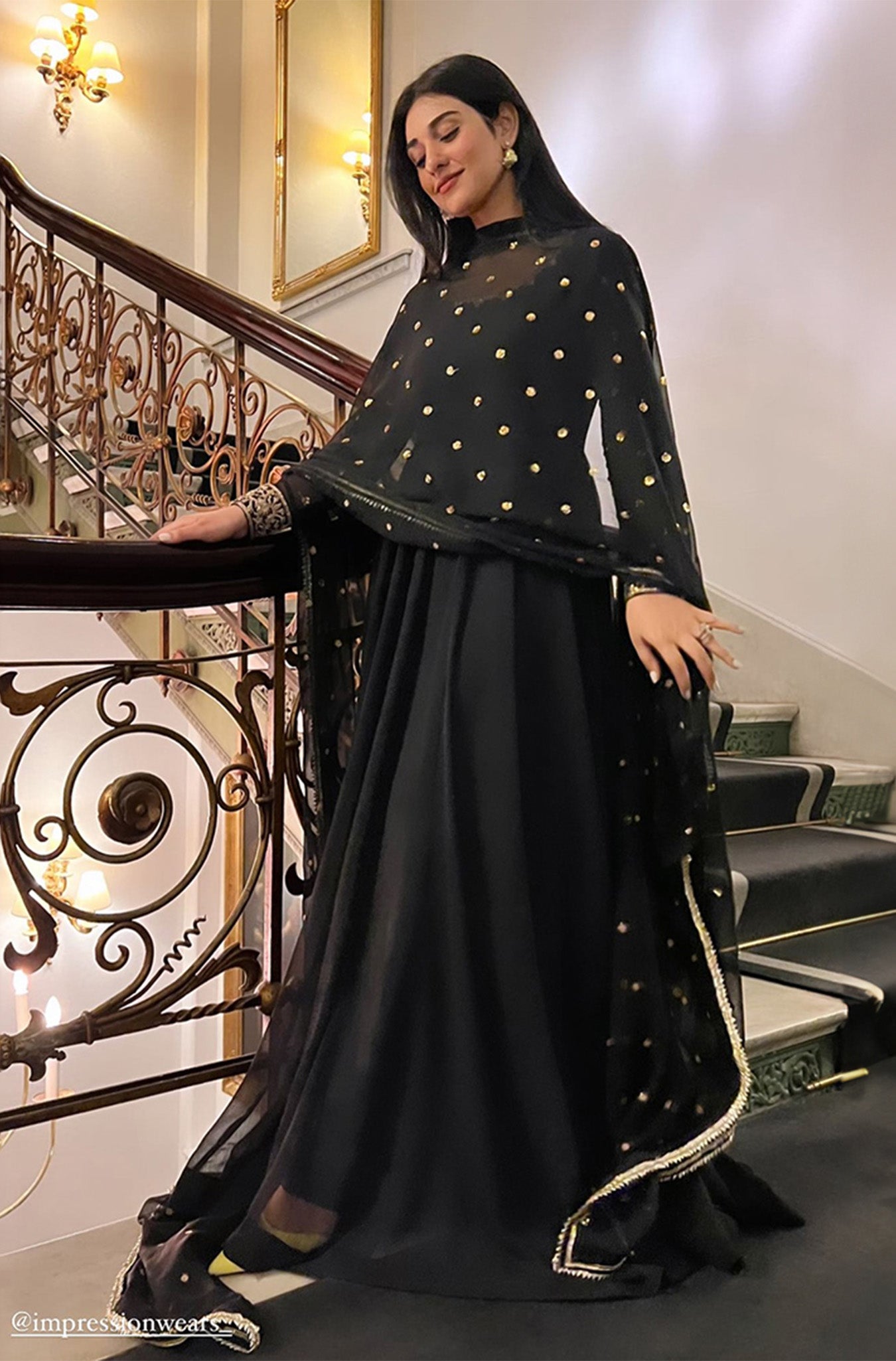 Black Embroidered Chiffon Kalidar Frock (2-Piece) - Image 8